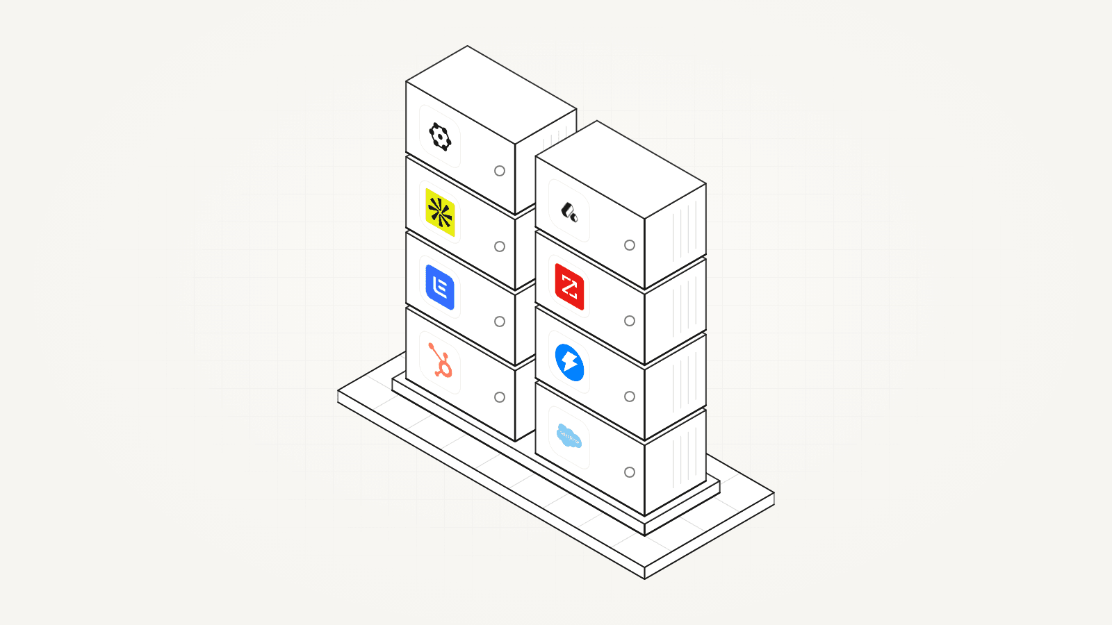 An isometric server rack, two columns of four, with the marks of the eight MCP servers for sales on the list, one per server.