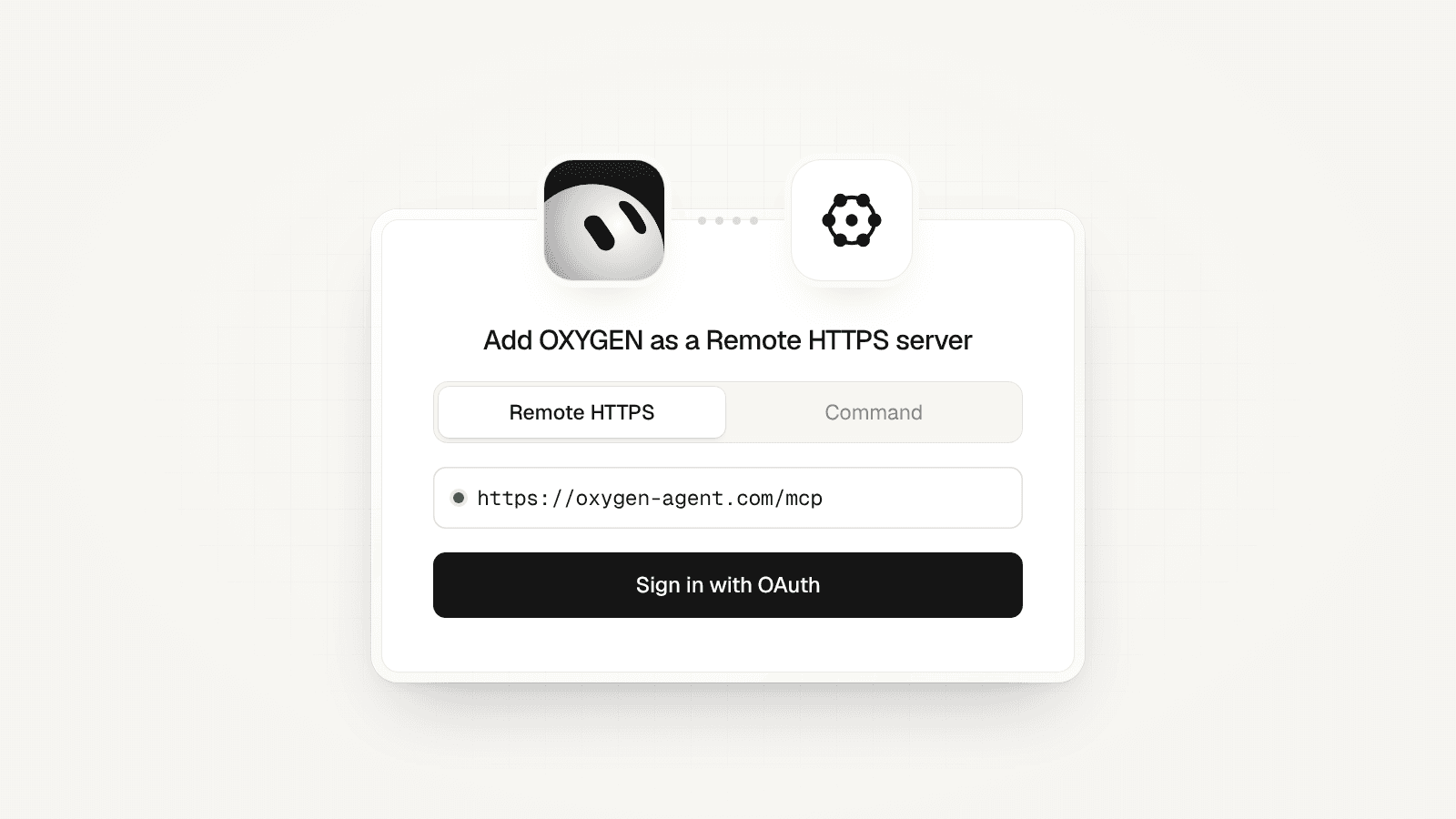 A connect card with the Grok Bot mark linked to the OXYGEN mark: Remote HTTPS, https://getoxygenrevops.com/mcp, and Sign in with OAuth.